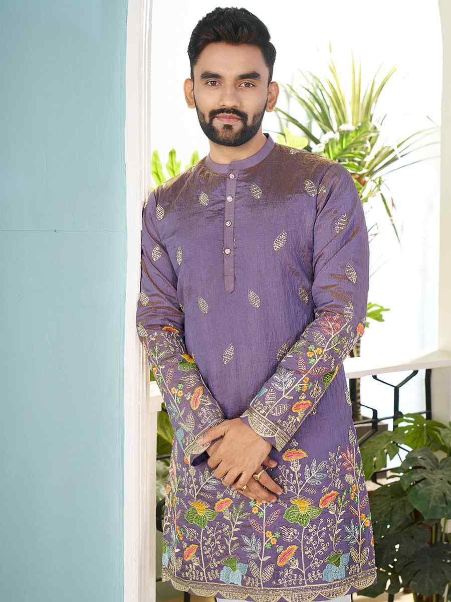 Lavender Crunchy Silk Embroidery Festival Wedding Party Kurta