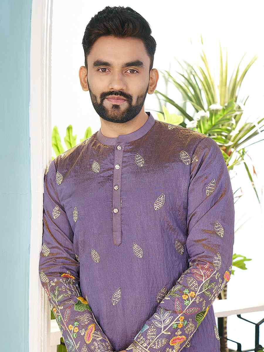 Lavender Crunchy Silk Embroidery Festival Wedding Party Kurta