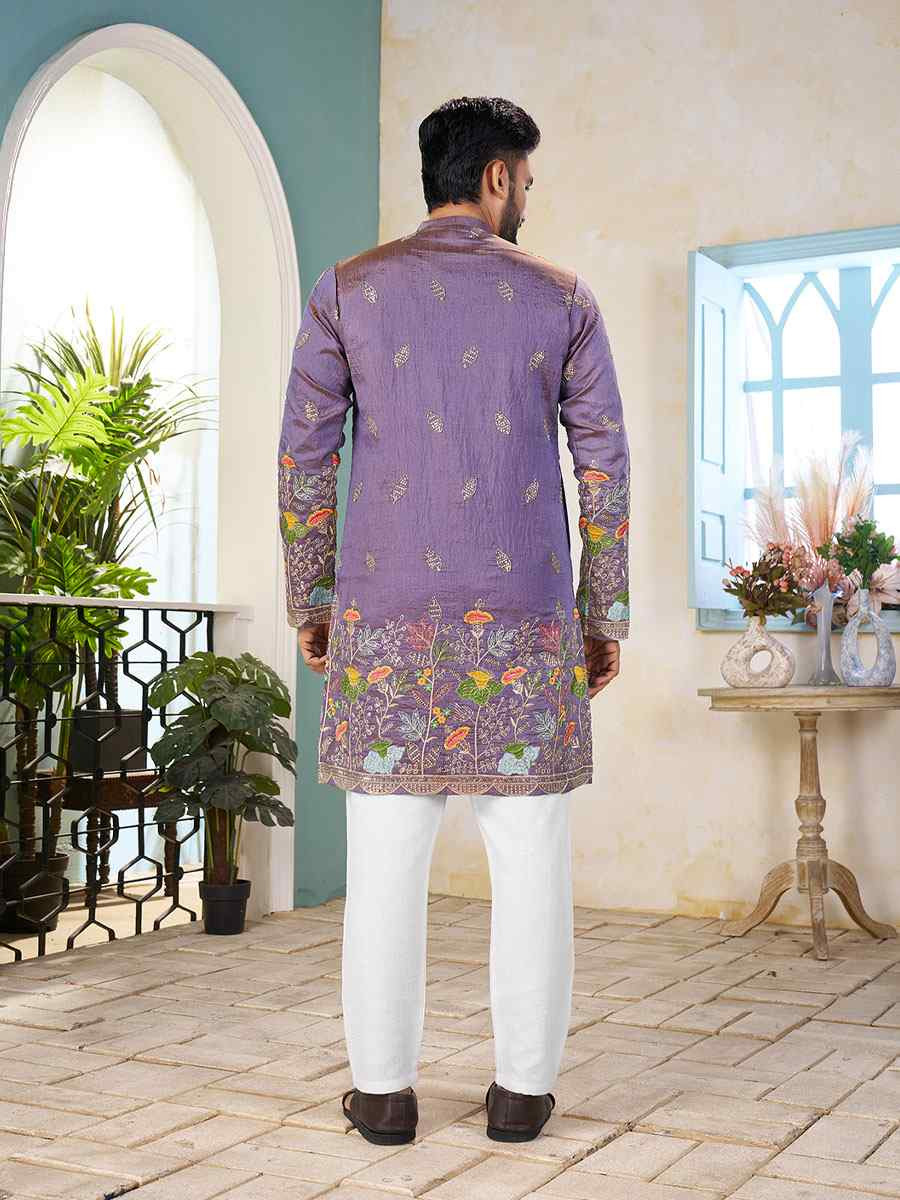 Lavender Crunchy Silk Embroidery Festival Wedding Party Kurta