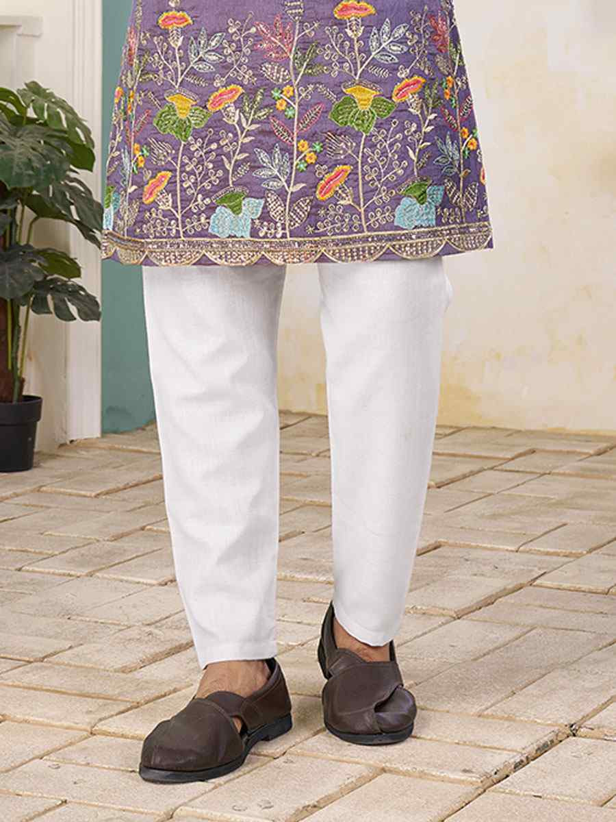 Lavender Crunchy Silk Embroidery Festival Wedding Party Kurta