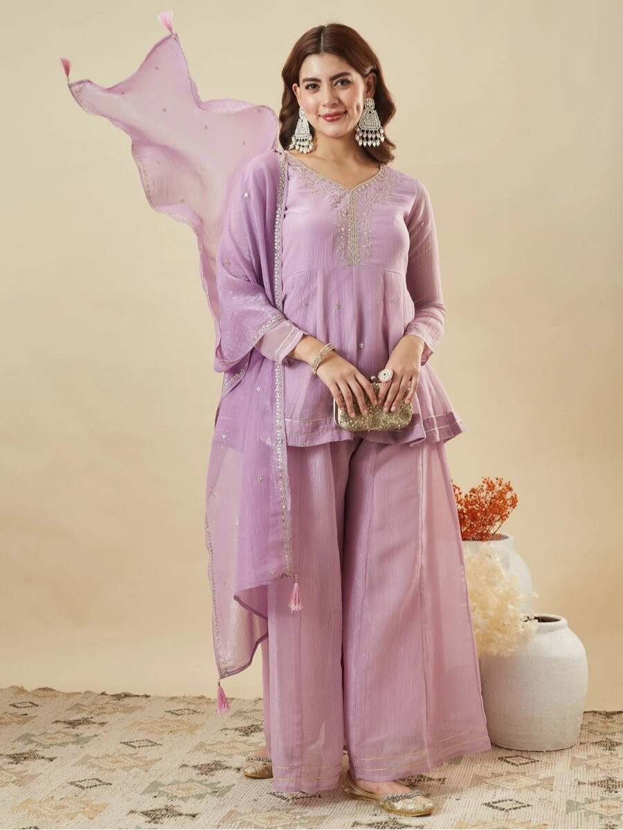 Lavender Crunchy Silk Embroidery Sequins Wedding Party Festival Casual Ready Palazzo Pant Salwar Kameez