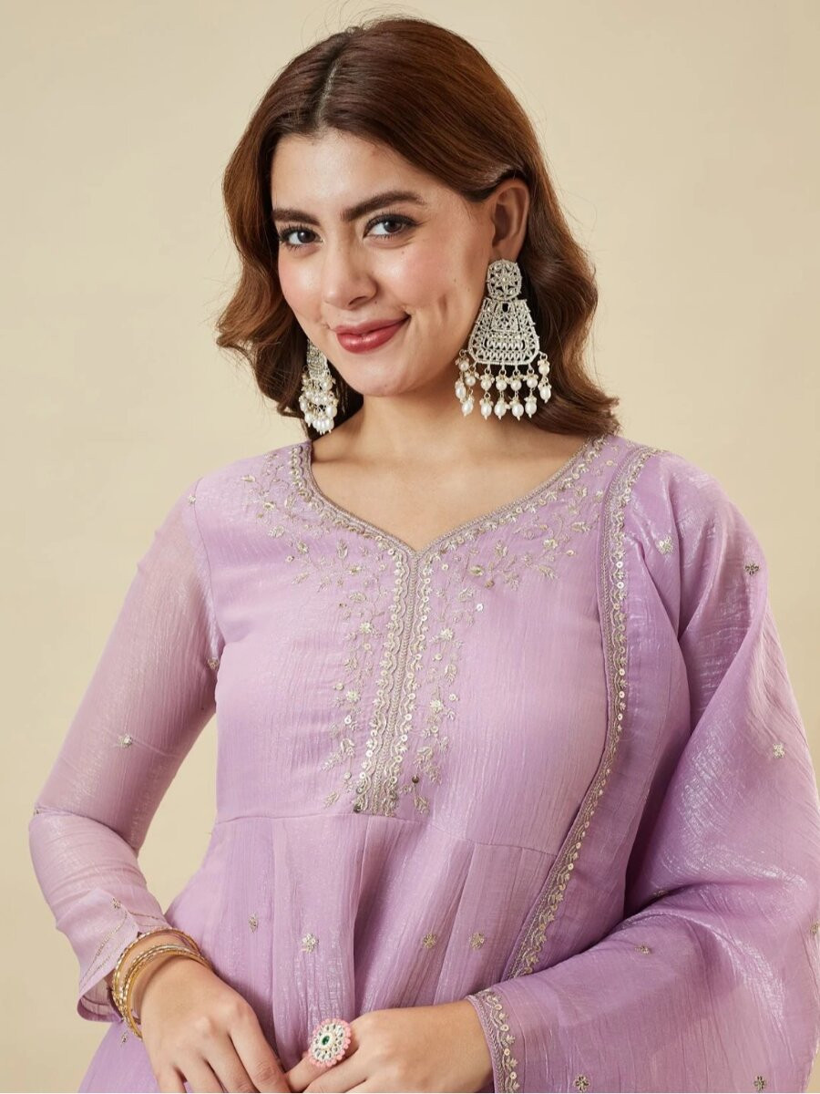 Lavender Crunchy Silk Embroidery Sequins Wedding Party Festival Casual Ready Palazzo Pant Salwar Kameez