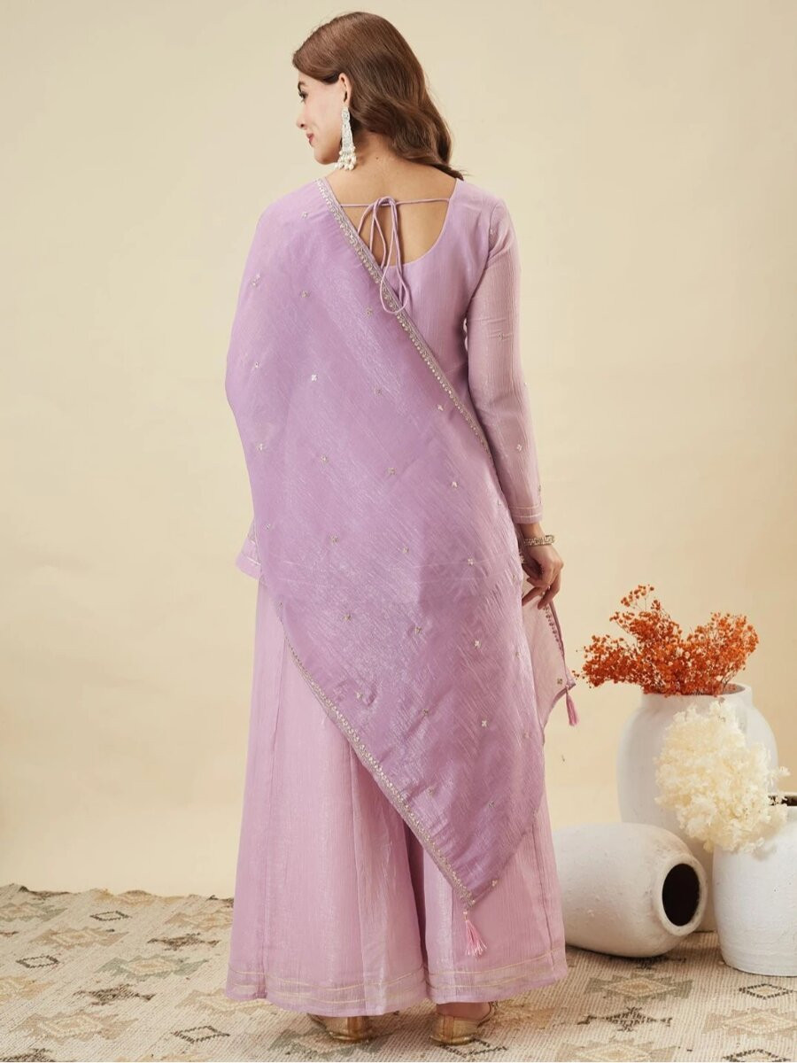 Lavender Crunchy Silk Embroidery Sequins Wedding Party Festival Casual Ready Palazzo Pant Salwar Kameez