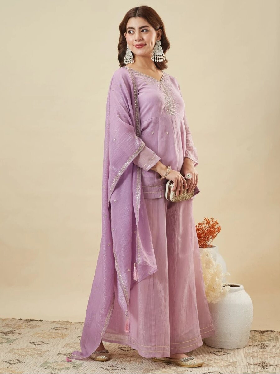 Lavender Crunchy Silk Embroidery Sequins Wedding Party Festival Casual Ready Palazzo Pant Salwar Kameez