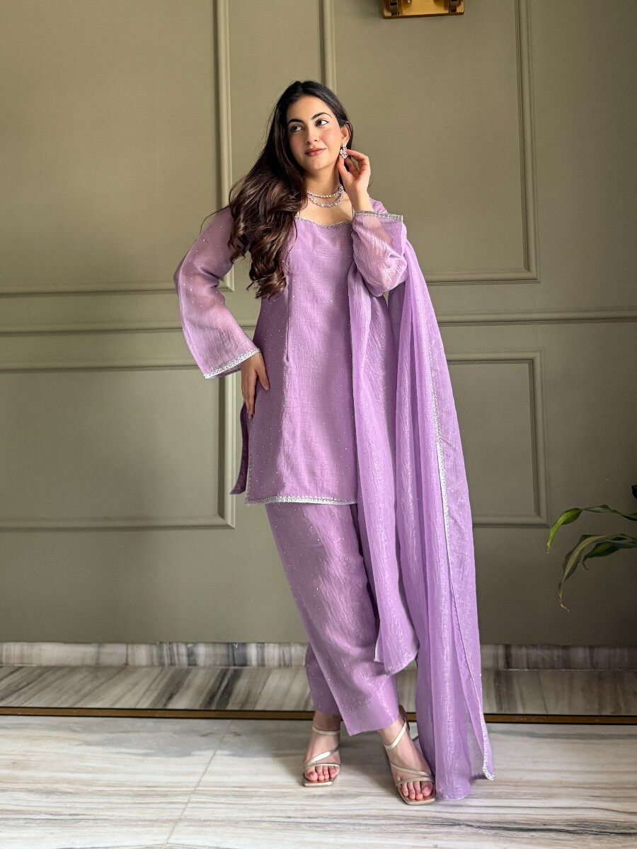 Lavender Crunchy Silk Lace Work Sequins Wedding Party Festival Casual Ready Palazzo Pant Salwar Kameez