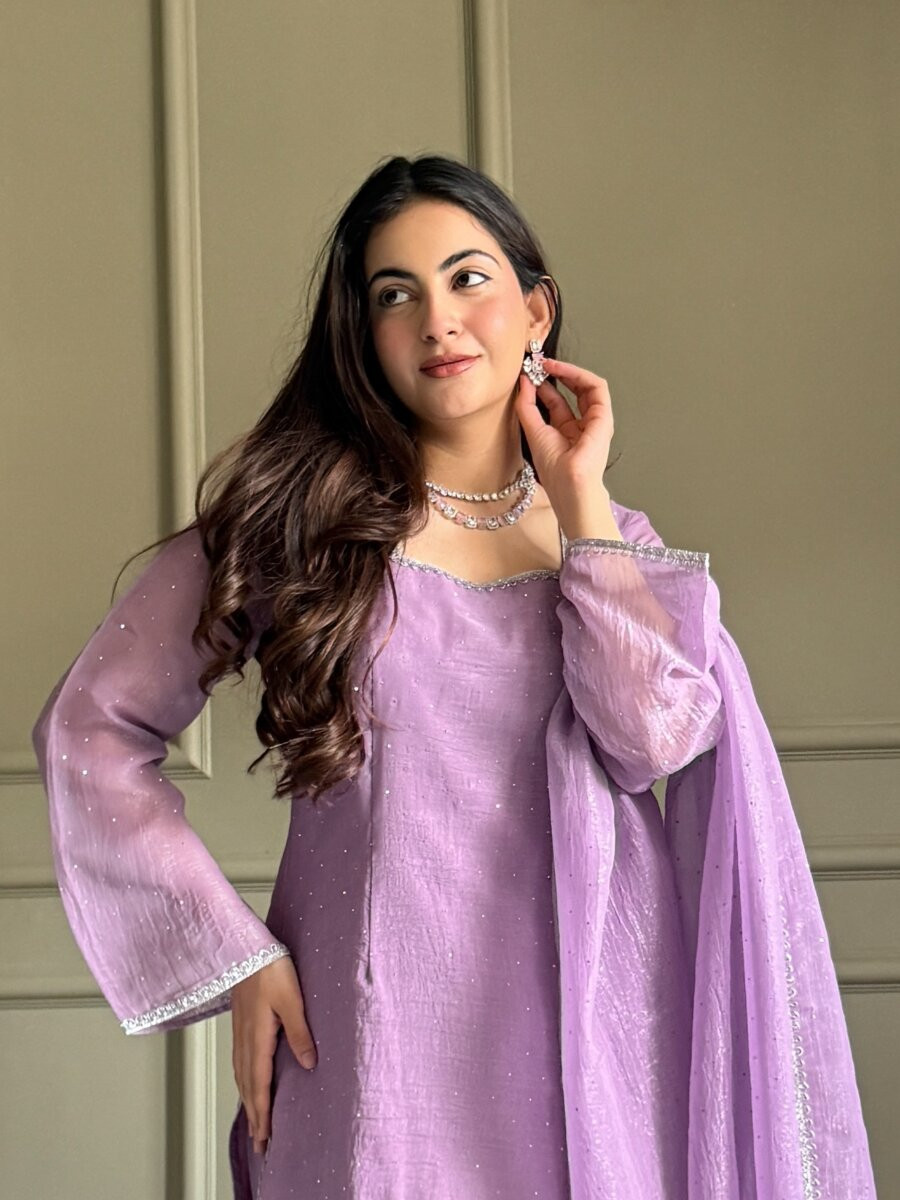 Lavender Crunchy Silk Lace Work Sequins Wedding Party Festival Casual Ready Palazzo Pant Salwar Kameez