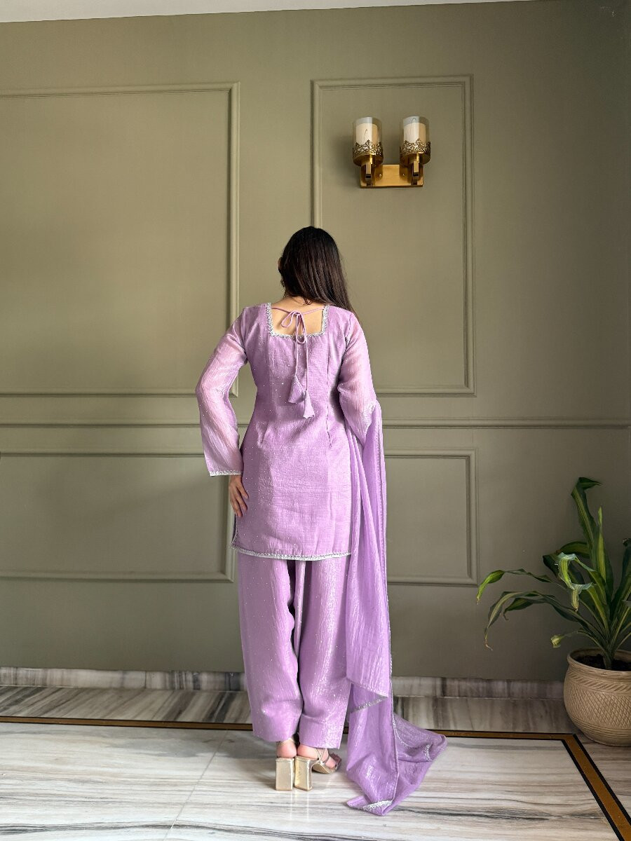 Lavender Crunchy Silk Lace Work Sequins Wedding Party Festival Casual Ready Palazzo Pant Salwar Kameez