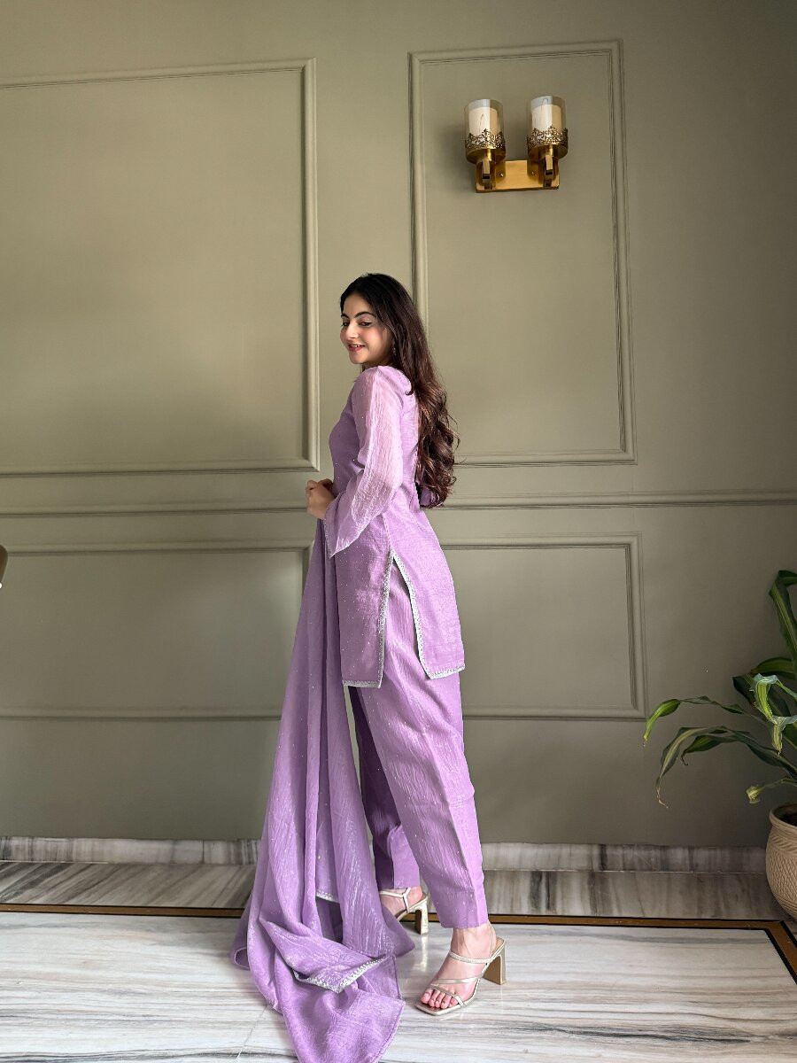 Lavender Crunchy Silk Lace Work Sequins Wedding Party Festival Casual Ready Palazzo Pant Salwar Kameez
