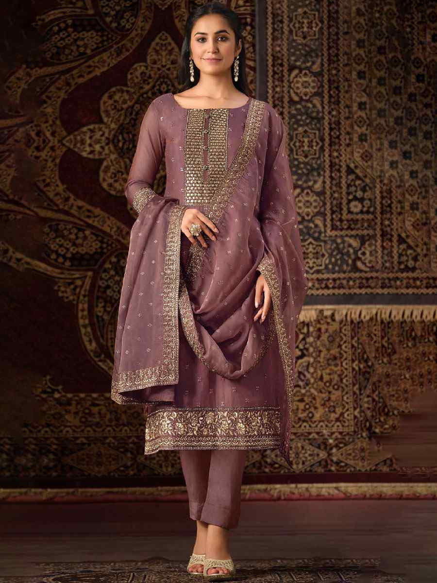 Lavender Crystal Organza Embroidered Casual Festival Pant Salwar Kameez