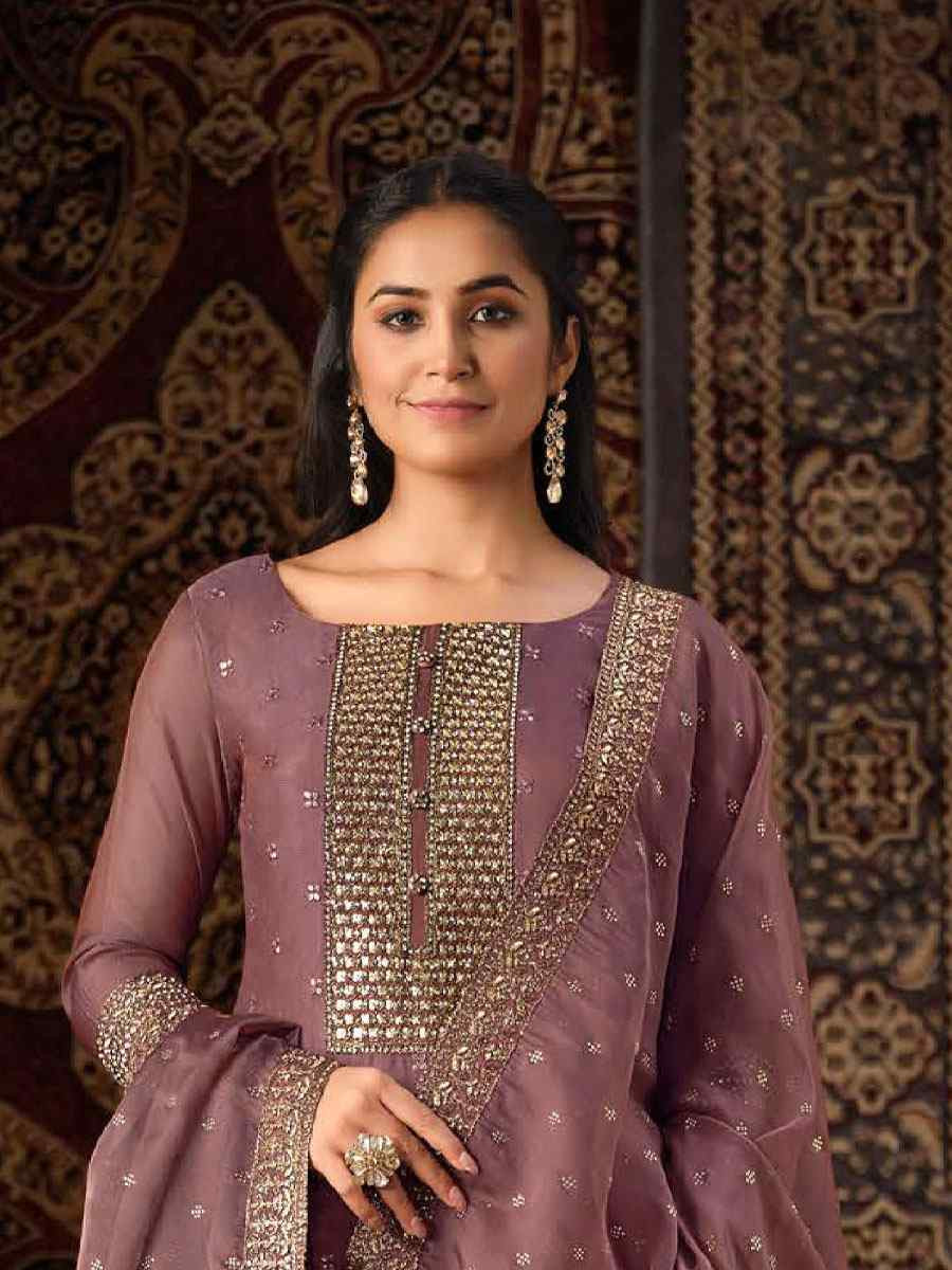Lavender Crystal Organza Embroidered Casual Festival Pant Salwar Kameez