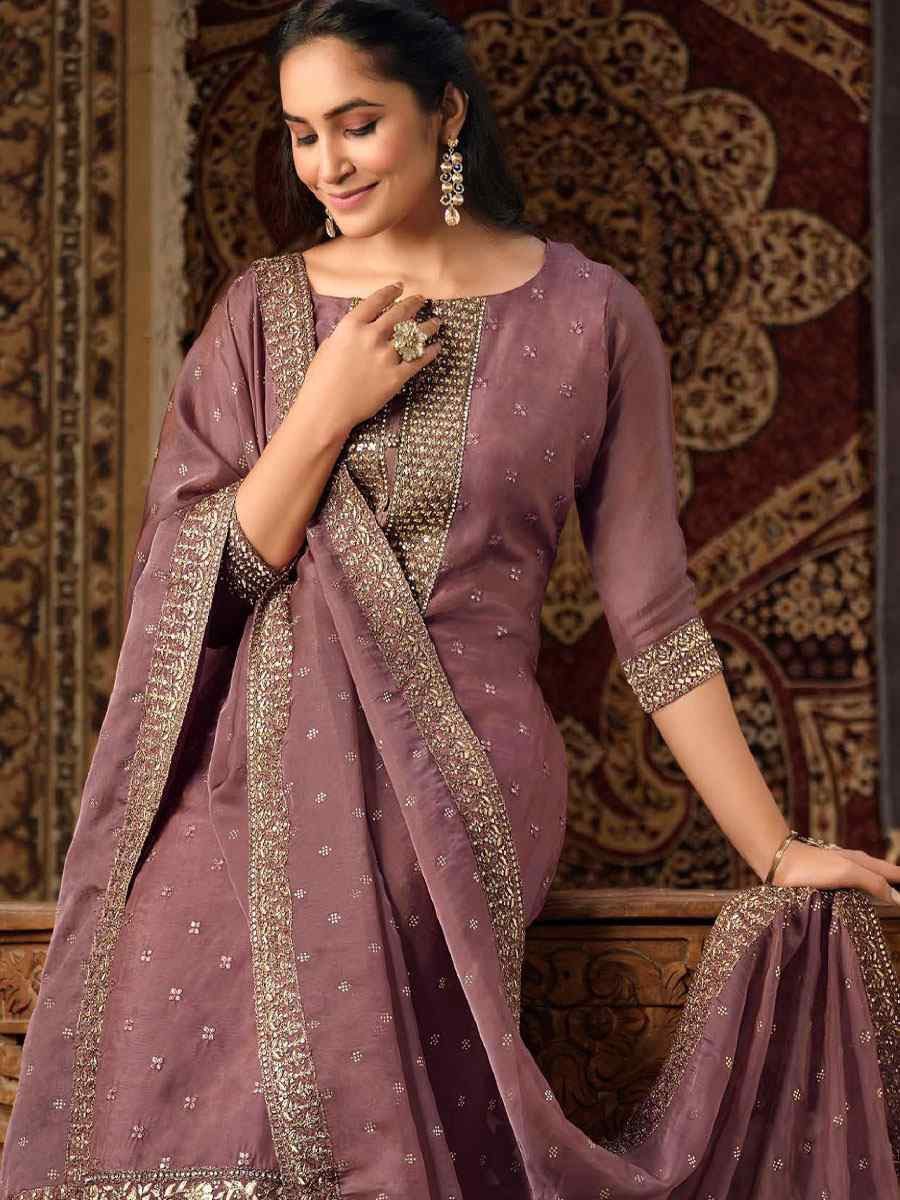 Lavender Crystal Organza Embroidered Casual Festival Pant Salwar Kameez