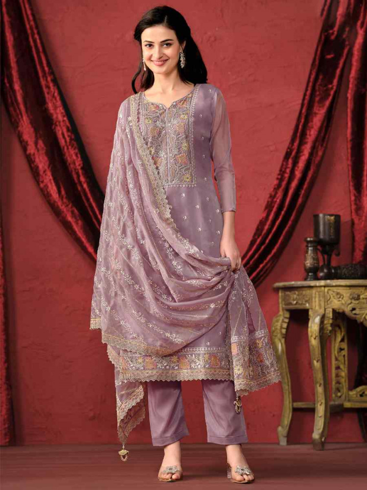 Lavender Crystal Organza Embroidered Casual Festival Pant Salwar Kameez