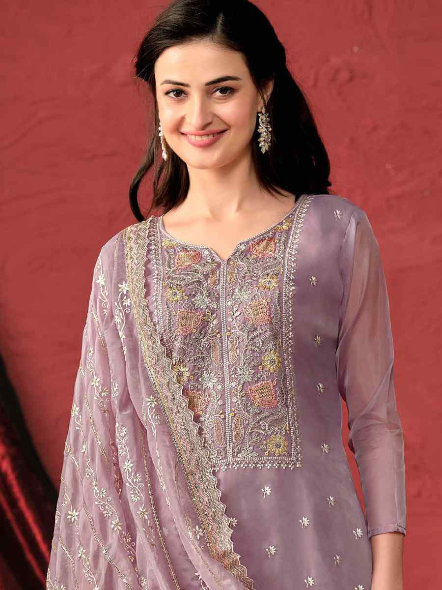 Lavender Crystal Organza Embroidered Casual Festival Pant Salwar Kameez