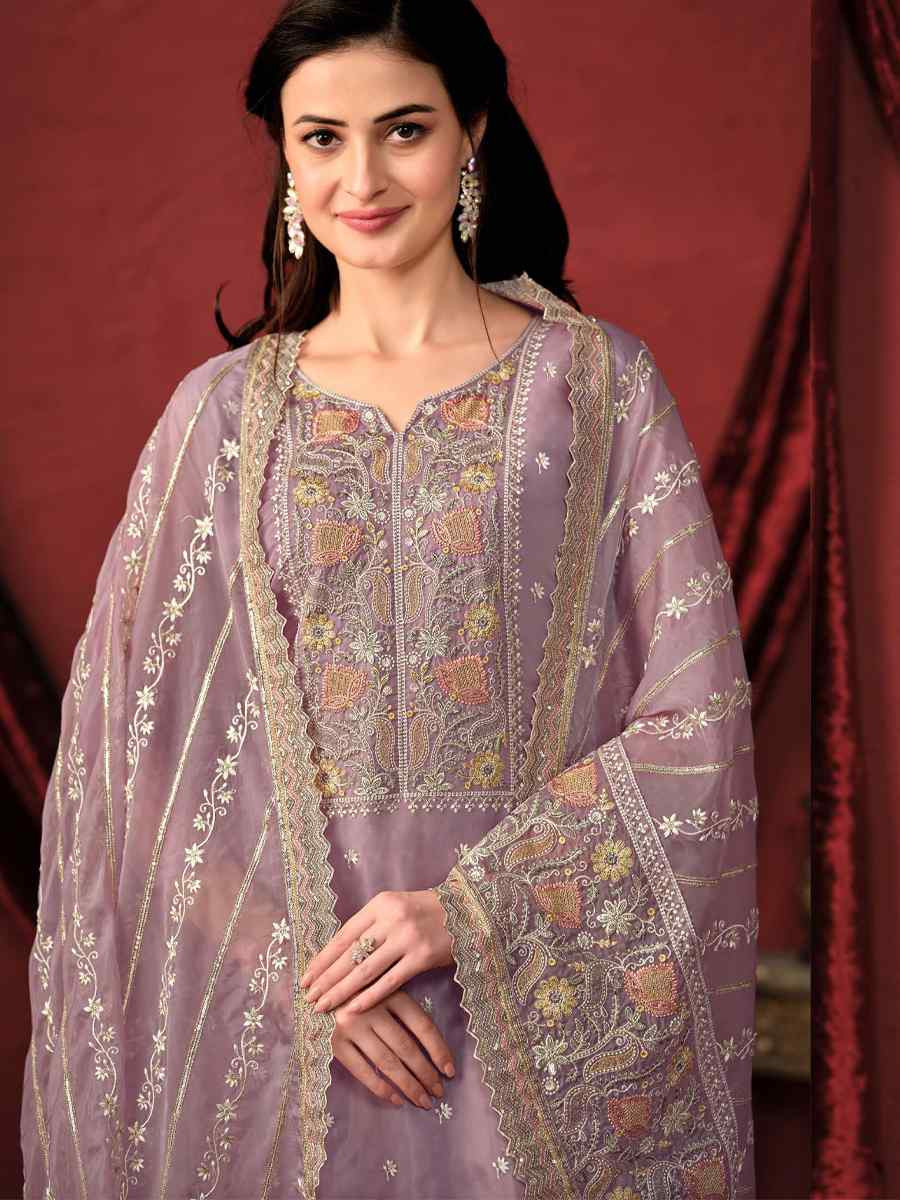 Lavender Crystal Organza Embroidered Casual Festival Pant Salwar Kameez