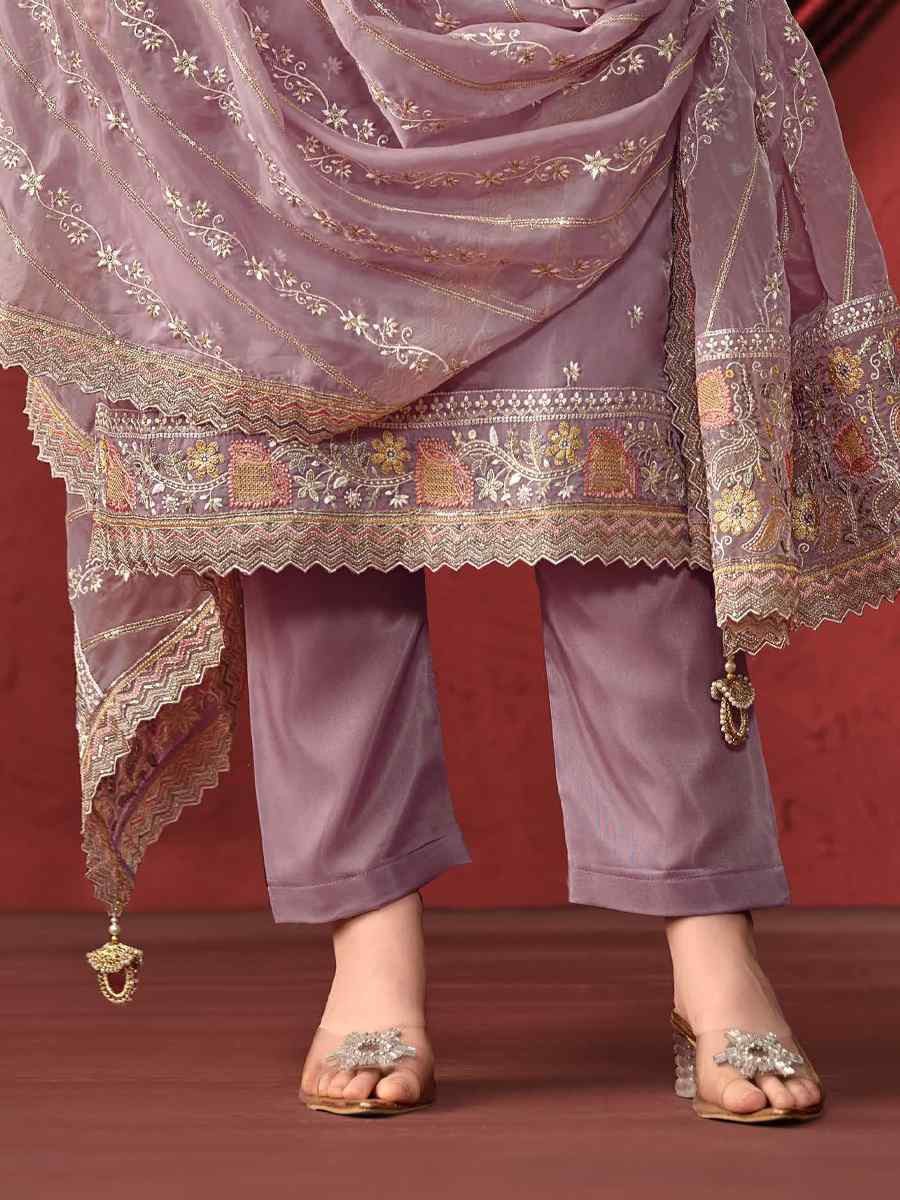 Lavender Crystal Organza Embroidered Casual Festival Pant Salwar Kameez