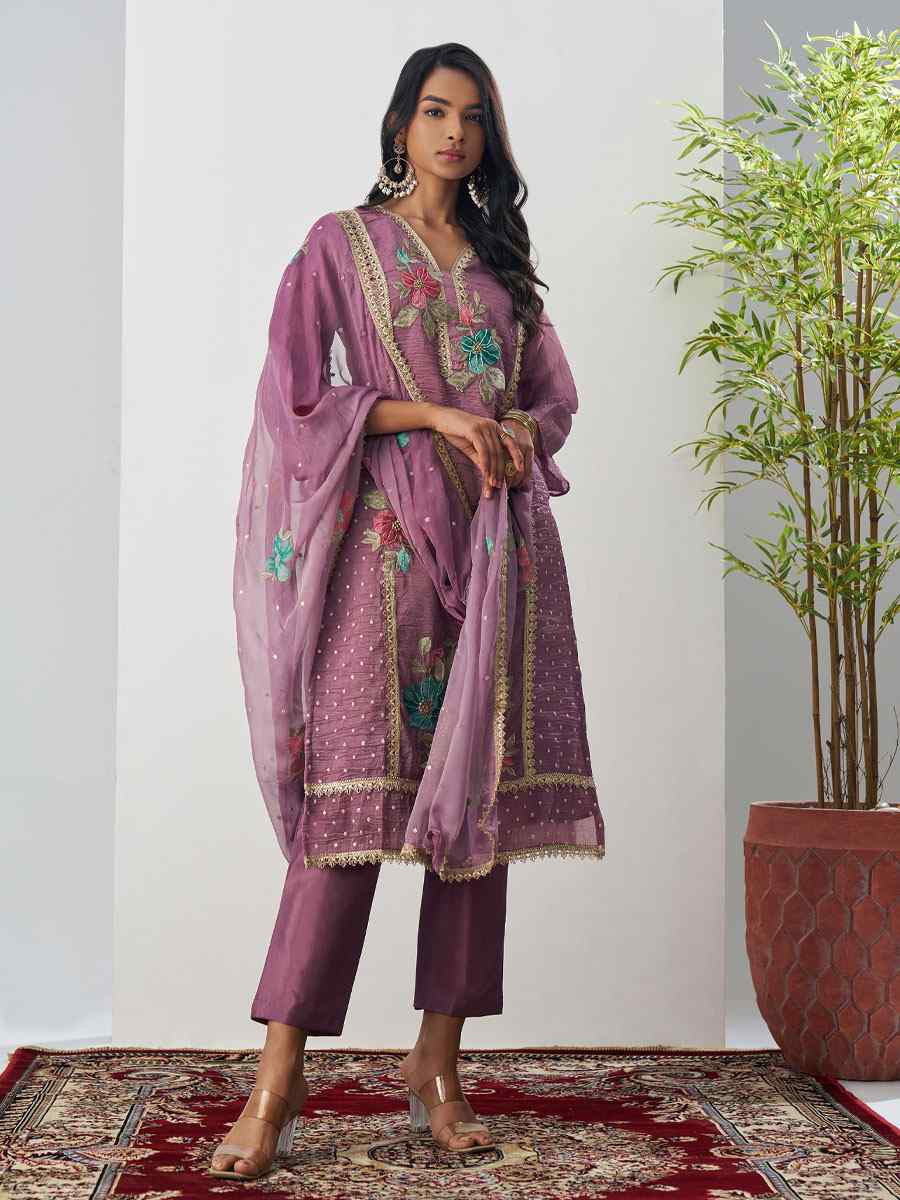 Lavender Fancy Crush Silk Embroidery Party Wedding Festival Casual Ready Salwar Kameez