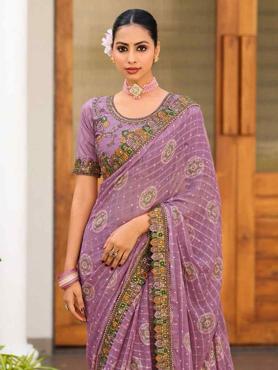 Lavender Fancy Georgette Embroidered Festival Wedding Fancy Heavy Border Saree