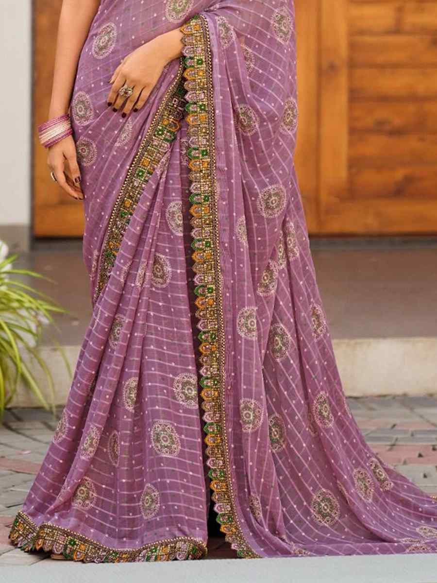 Lavender Fancy Georgette Embroidered Festival Wedding Fancy Heavy Border Saree