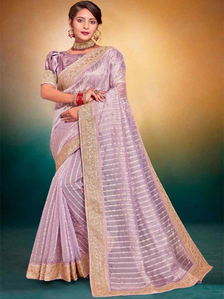 Lavender Fancy Tissue Embroidered Wedding Festival Heavy Border Saree