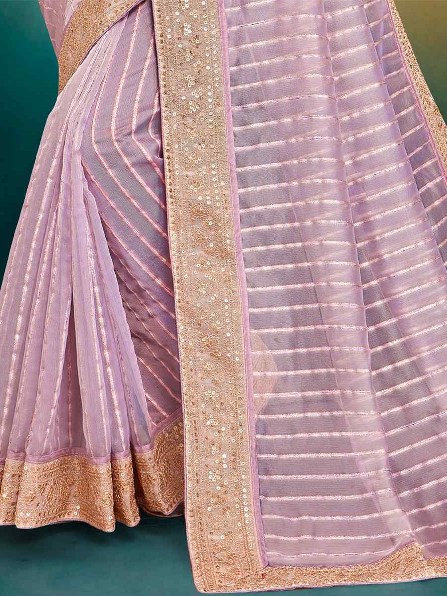 Lavender Fancy Tissue Embroidered Wedding Festival Heavy Border Saree