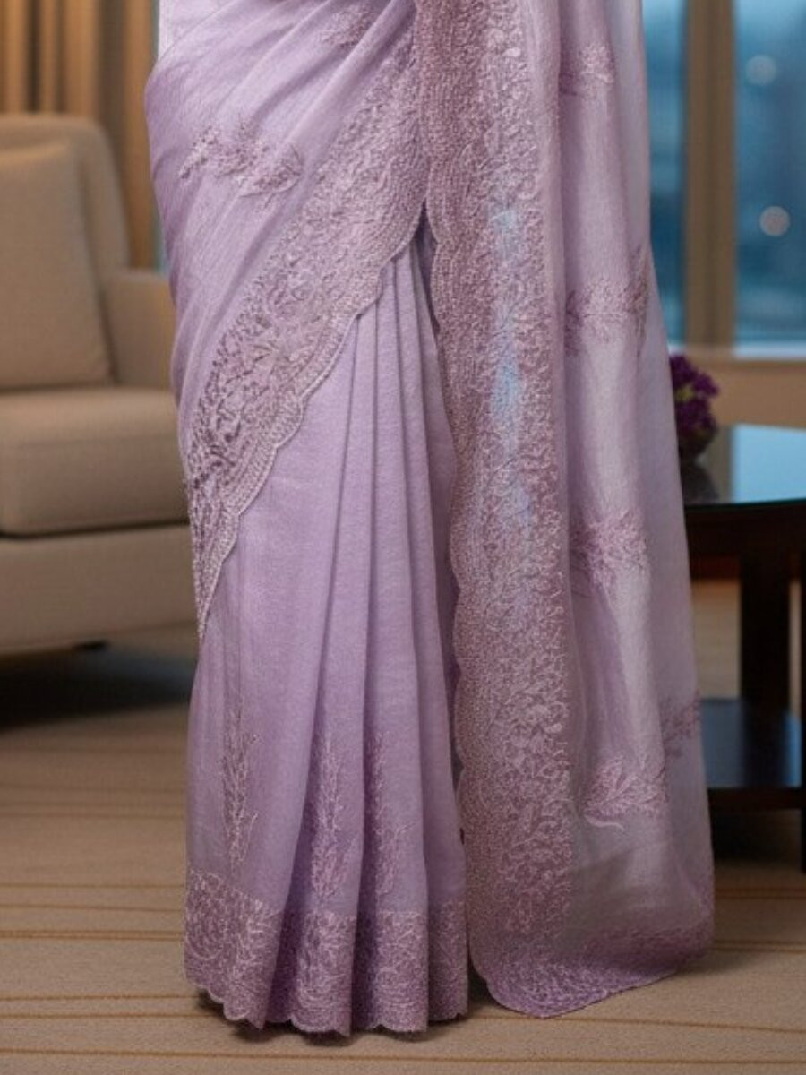Lavender Fandy Satin Embroidery Wedding Reception Party Casual Heavy Border Sarees