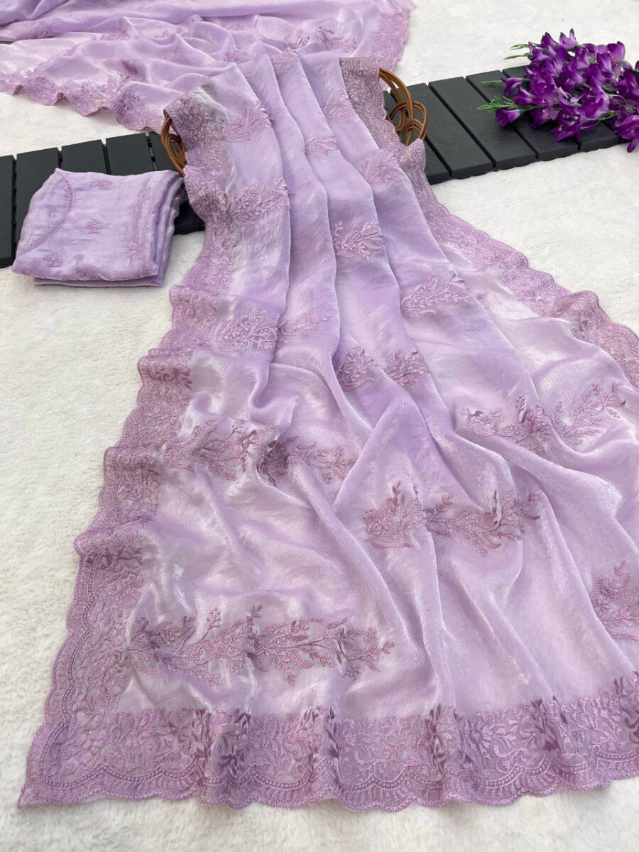 Lavender Fandy Satin Embroidery Wedding Reception Party Casual Heavy Border Sarees