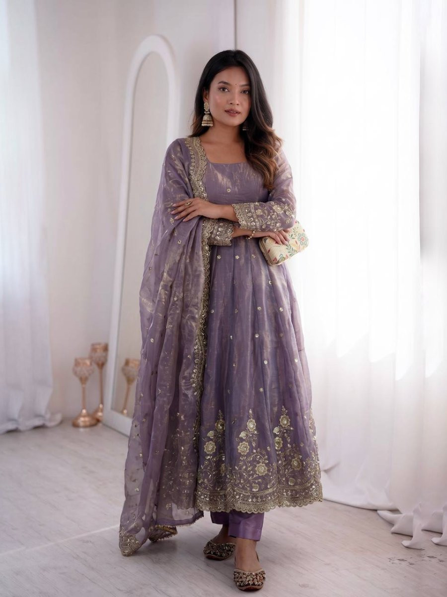 Lavender Fandy Silk Embroidery Sequins Zari Wedding Party Festival Casual Ready Anarkali Pant Salwar Kameez