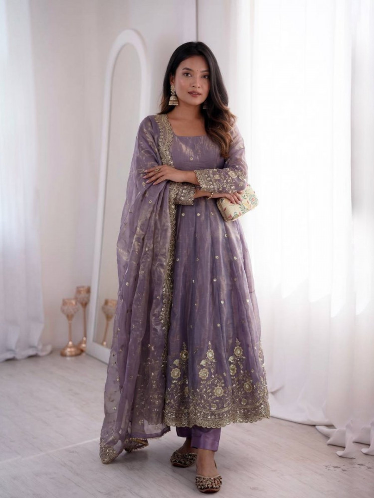 Image of Lavender Fandy Silk Embroidery Sequins Zari Wedding Party Festival Casual Ready Anarkali Pant Salwar Kameez