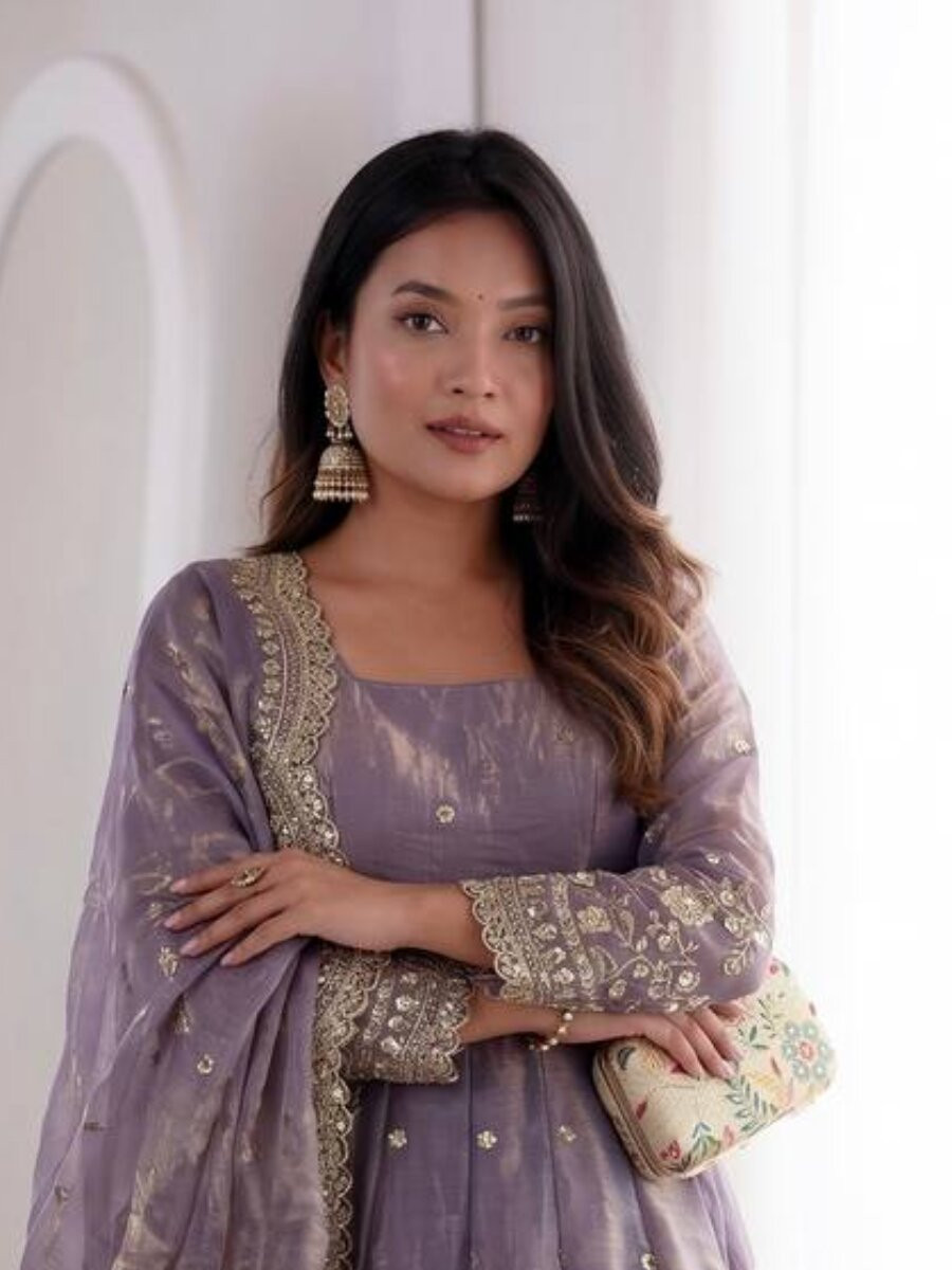 Lavender Fandy Silk Embroidery Sequins Zari Wedding Party Festival Casual Ready Anarkali Pant Salwar Kameez