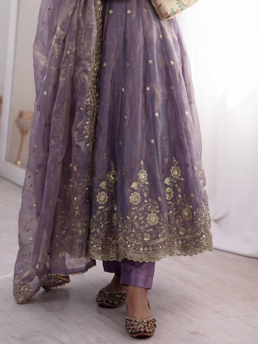 Lavender Fandy Silk Embroidery Sequins Zari Wedding Party Festival Casual Ready Anarkali Pant Salwar Kameez