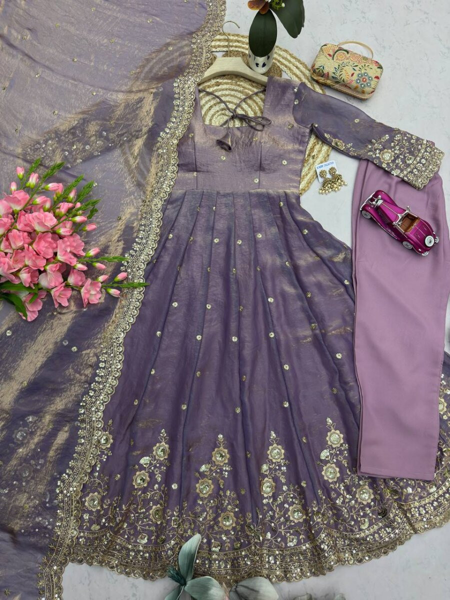 Lavender Fandy Silk Embroidery Sequins Zari Wedding Party Festival Casual Ready Anarkali Pant Salwar Kameez