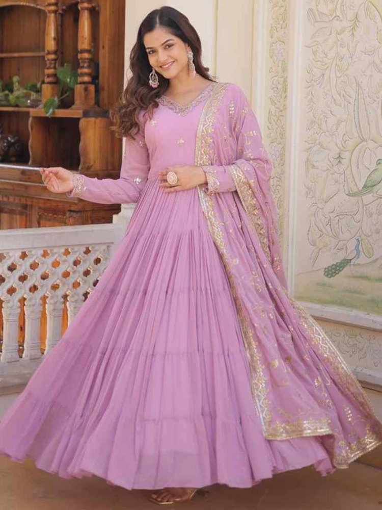 Lavender Faux Georgette Embroidered Festival Casual Gown