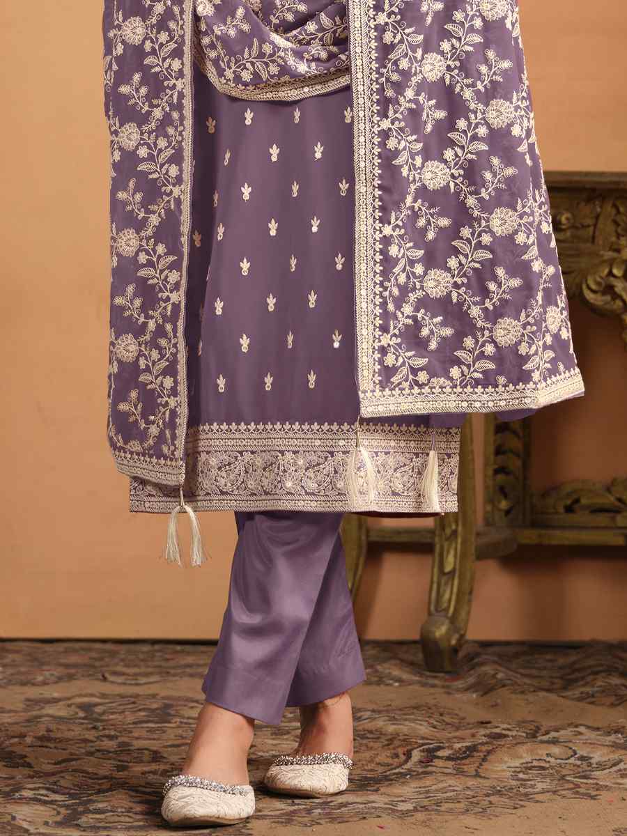 Lavender Faux Georgette Embroidered Festival Casual Pant Salwar Kameez
