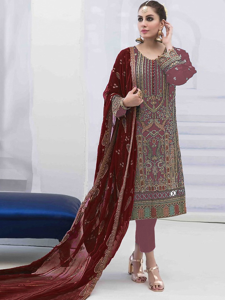 Lavender Faux Georgette Embroidered Festival Mehendi Pant Salwar Kameez
