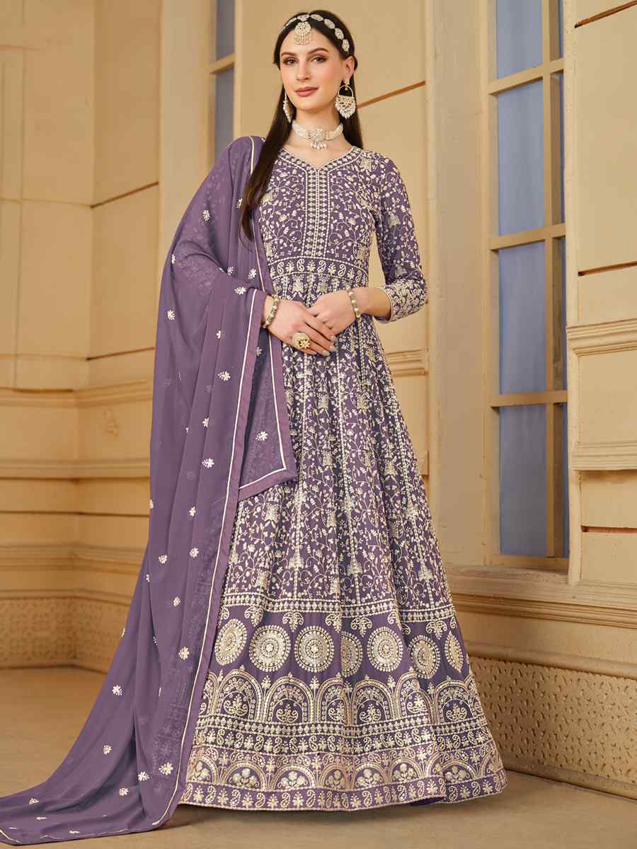 Lavender Faux Georgette Embroidered Festival Wedding Anarkali Salwar Kameez