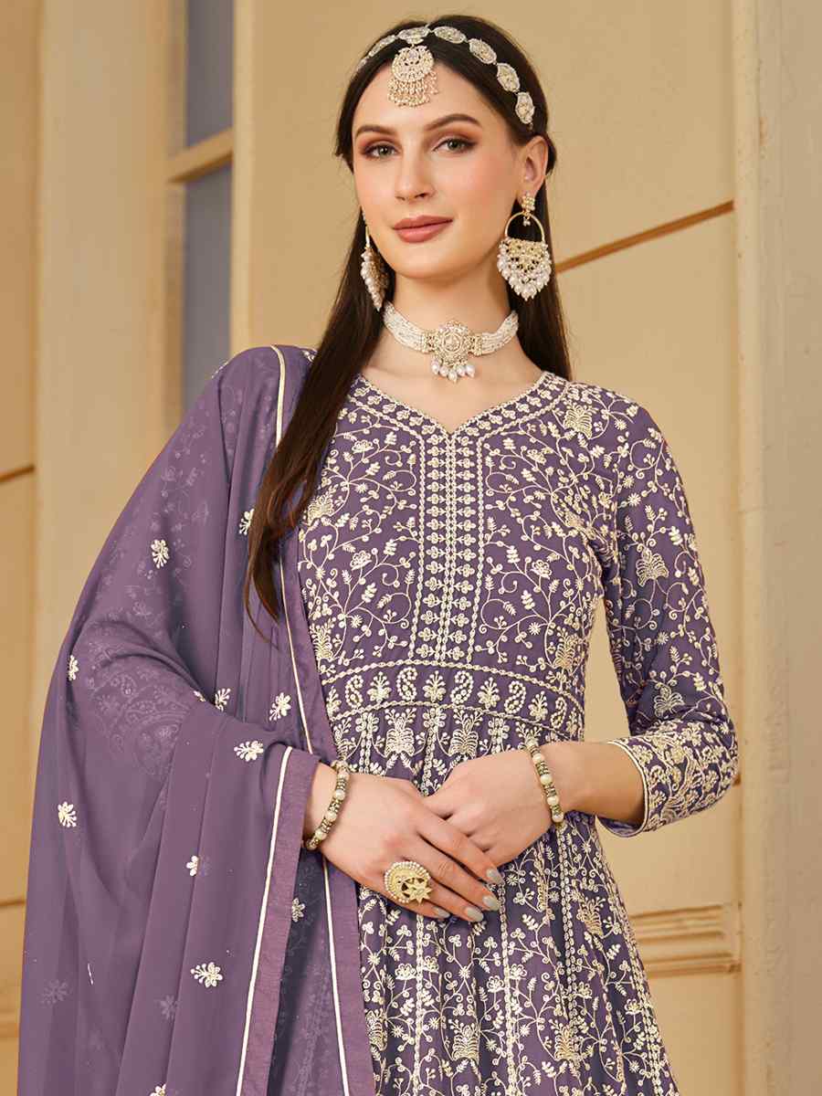 Lavender Faux Georgette Embroidered Festival Wedding Anarkali Salwar Kameez