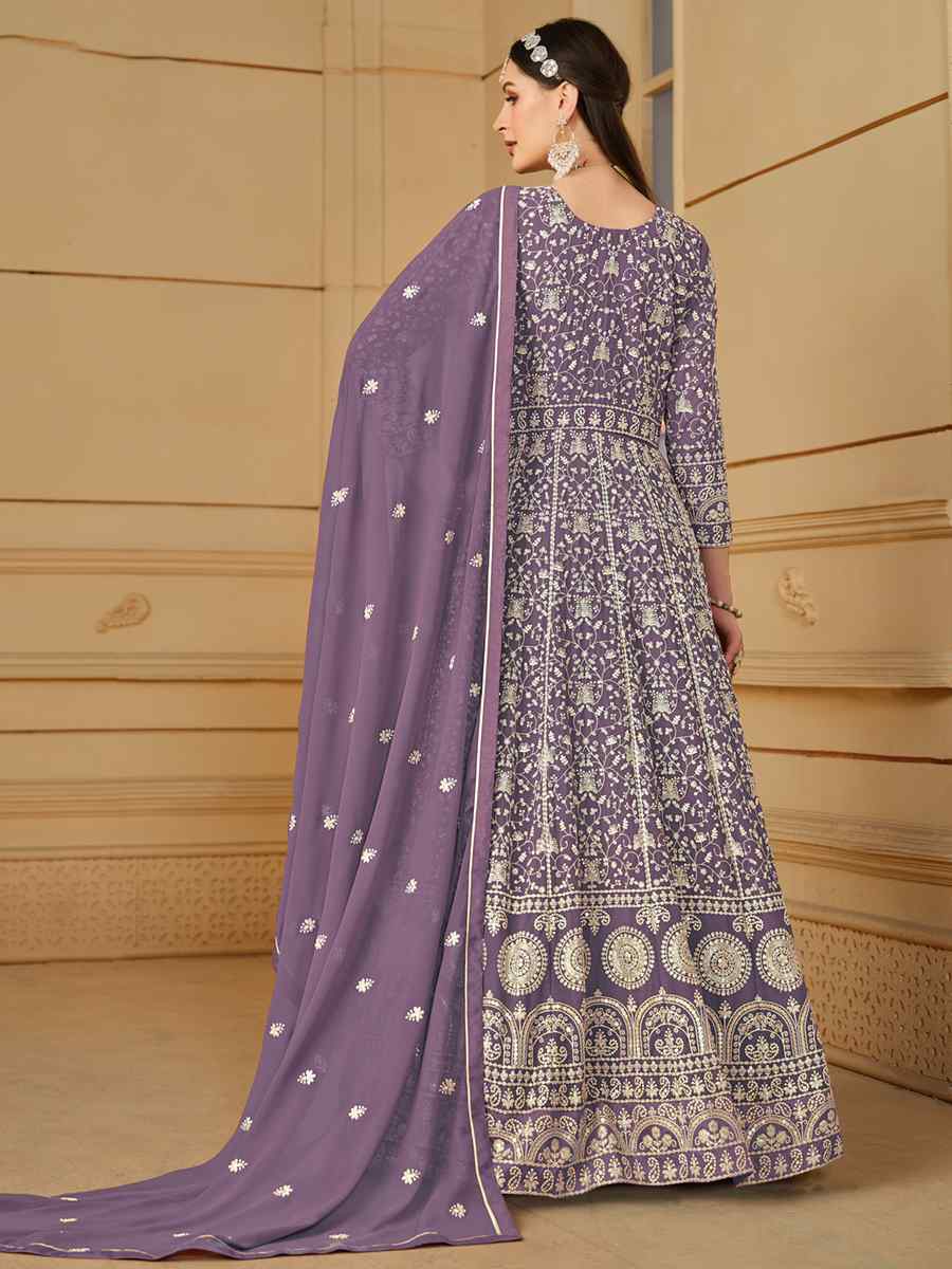 Lavender Faux Georgette Embroidered Festival Wedding Anarkali Salwar Kameez