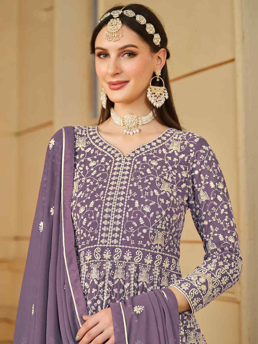 Lavender Faux Georgette Embroidered Festival Wedding Anarkali Salwar Kameez