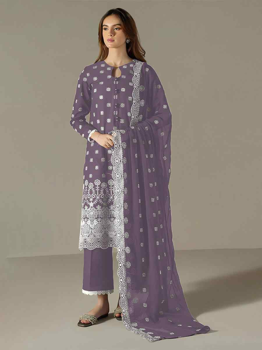 Lavender Faux Georgette Embroidered Festival Wedding Pant Salwar Kameez