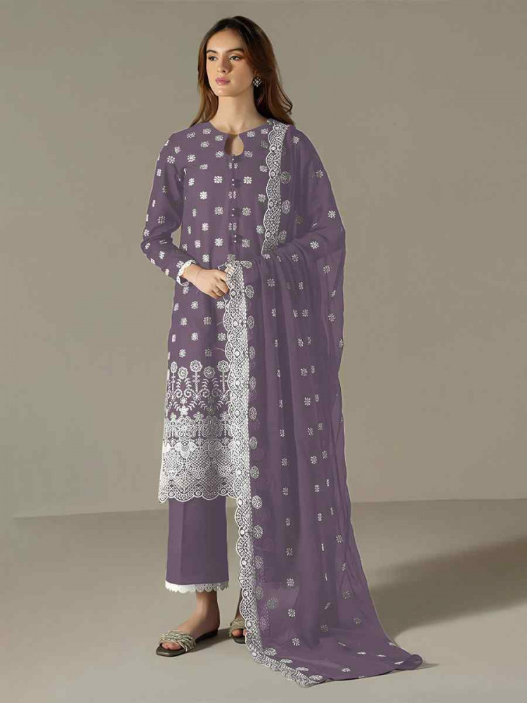 Lavender Faux Georgette Embroidered Festival Wedding Pant Salwar Kameez