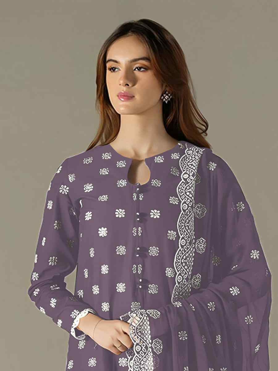 Lavender Faux Georgette Embroidered Festival Wedding Pant Salwar Kameez