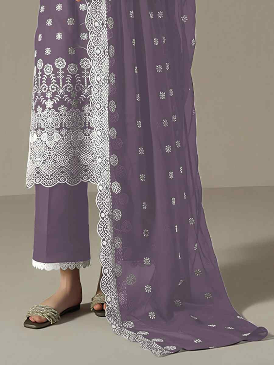 Lavender Faux Georgette Embroidered Festival Wedding Pant Salwar Kameez