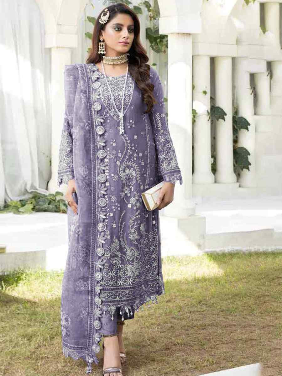 Lavender Faux Georgette Embroidered Festival Wedding Pant Salwar Kameez