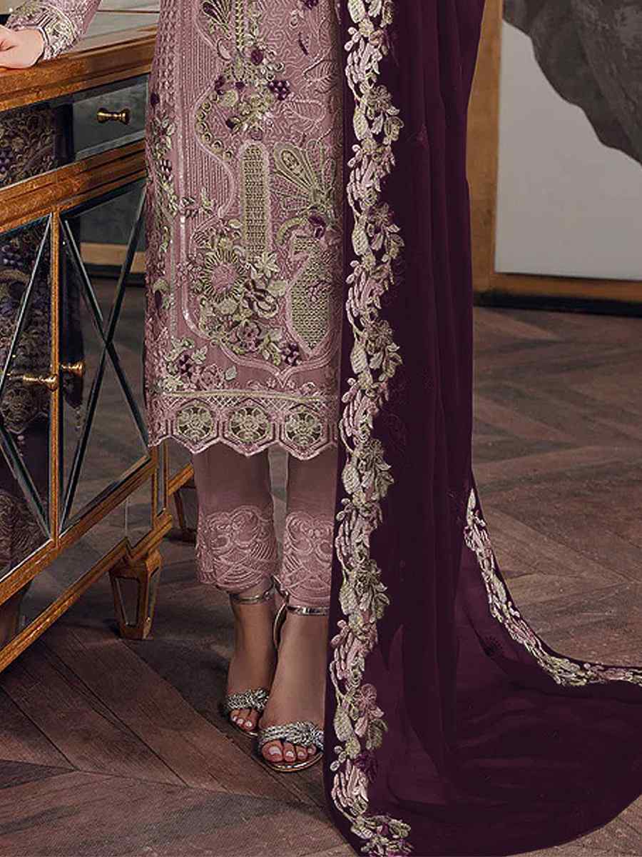 Lavender Faux Georgette Embroidered Festival Wedding Pant Salwar Kameez