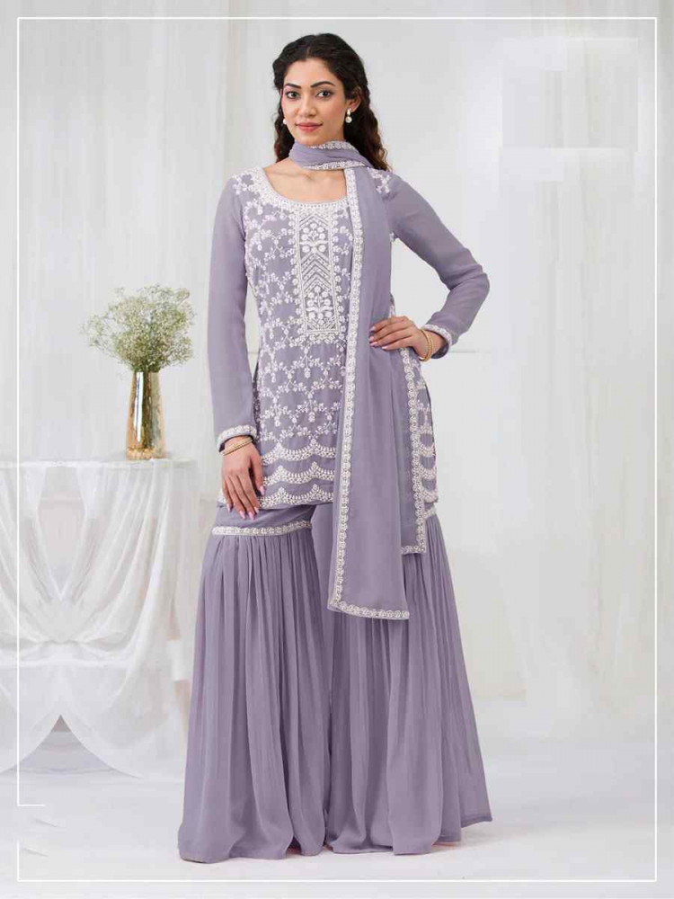 Image of Lavender Faux Georgette Embroidered Festival Wedding Sharara Pant Salwar Kameez