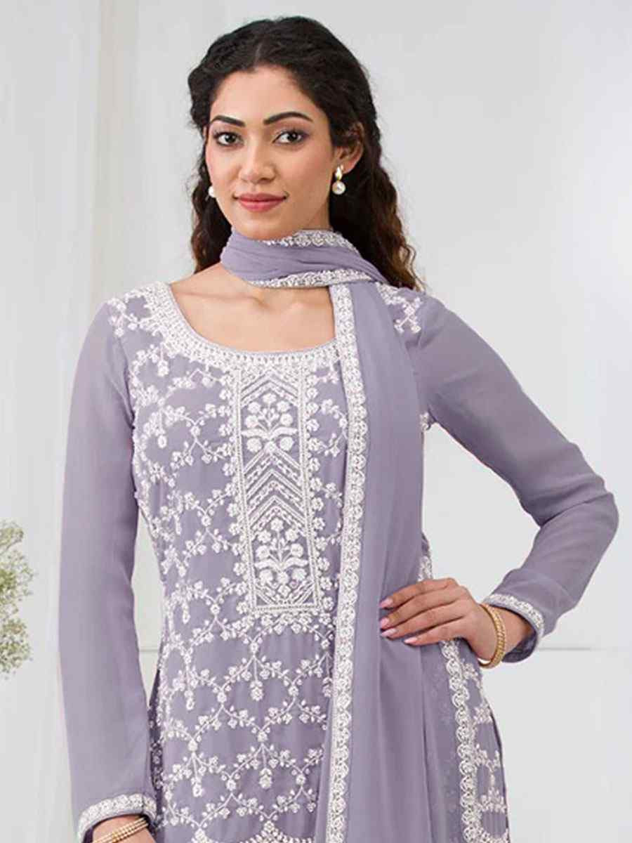 Lavender Faux Georgette Embroidered Festival Wedding Sharara Pant Salwar Kameez