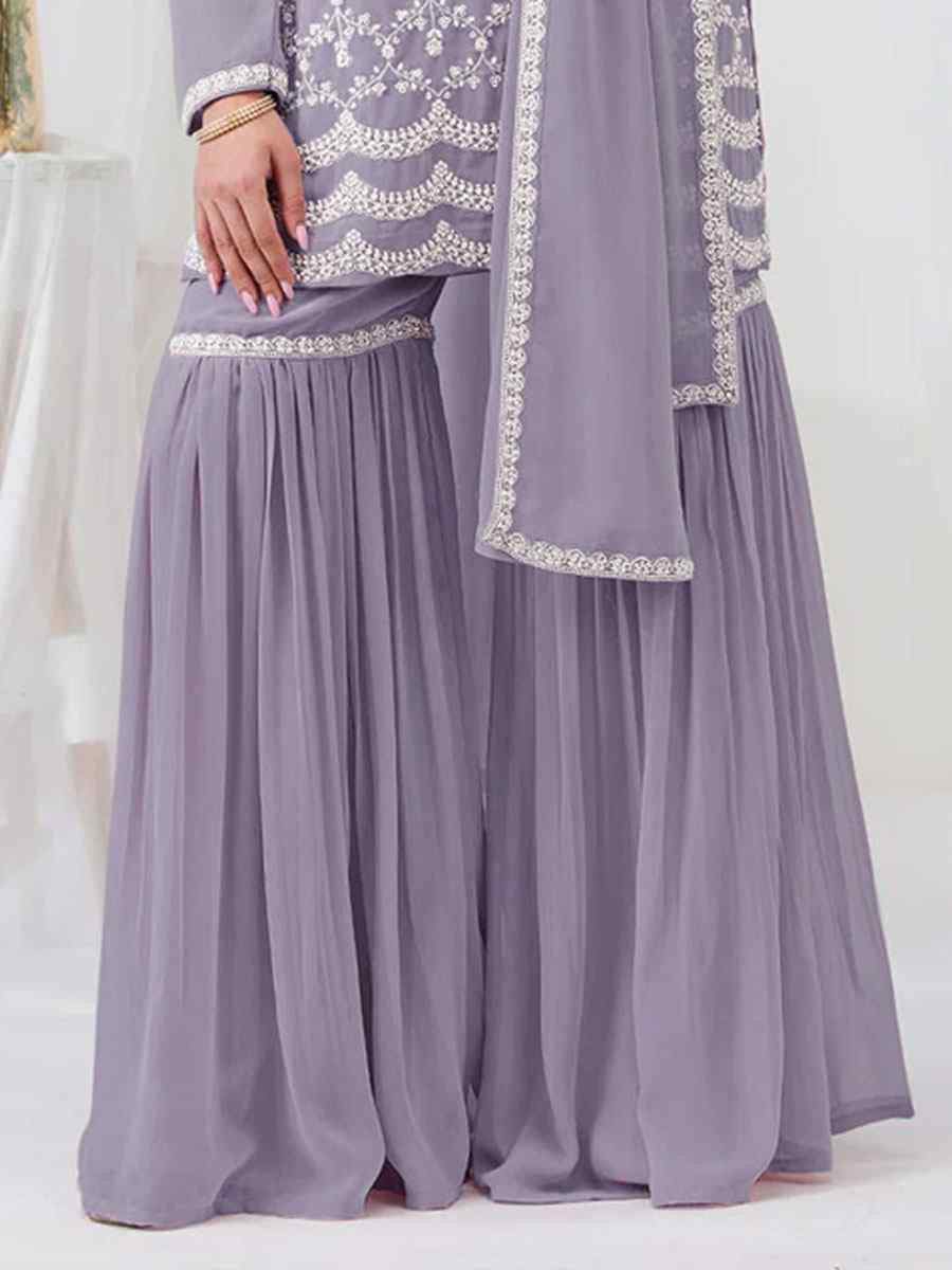 Lavender Faux Georgette Embroidered Festival Wedding Sharara Pant Salwar Kameez
