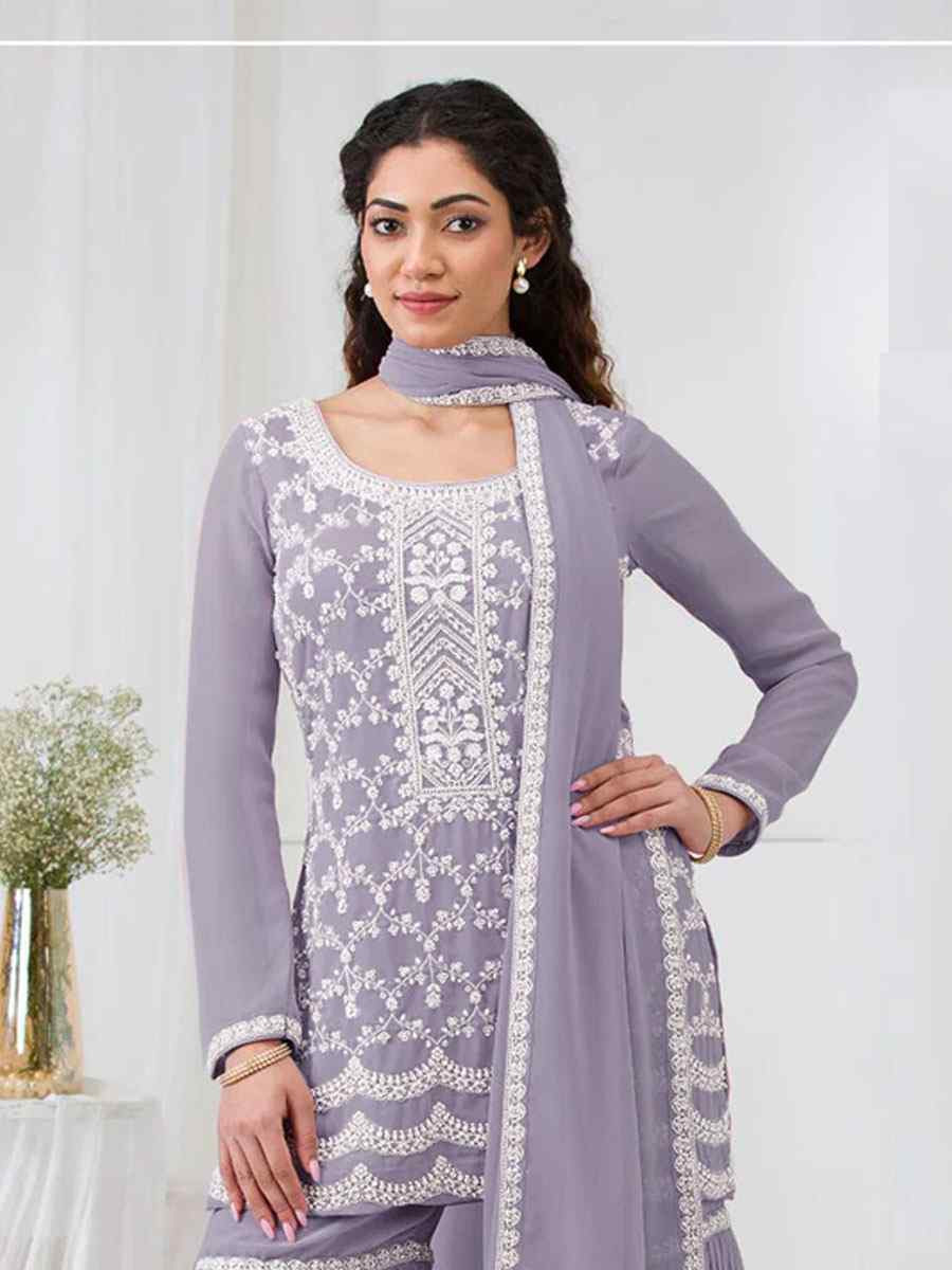 Lavender Faux Georgette Embroidered Festival Wedding Sharara Pant Salwar Kameez