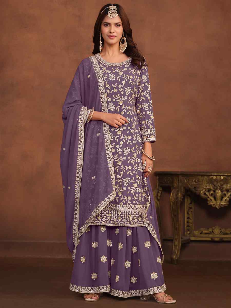 Lavender Faux Georgette Embroidered Festival Wedding Sharara Pant Salwar Kameez