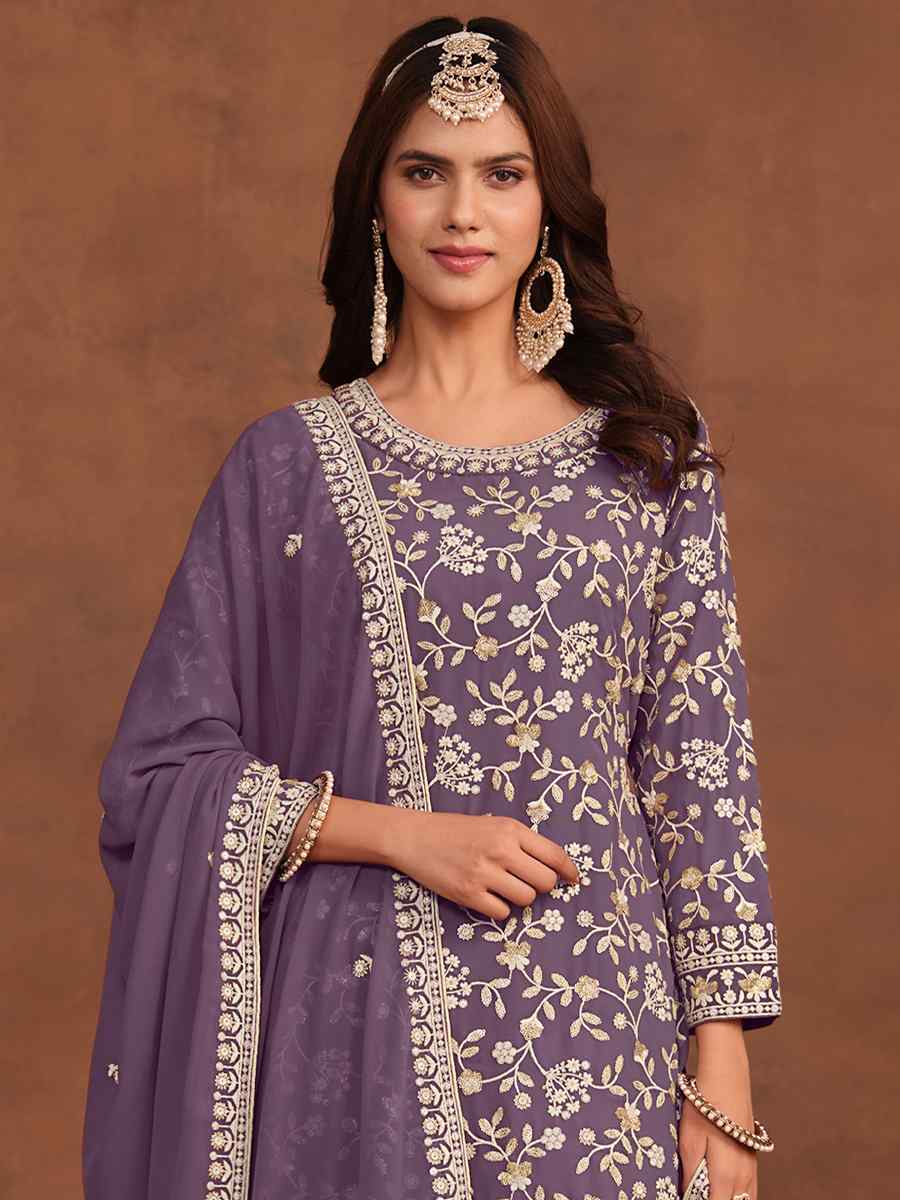 Lavender Faux Georgette Embroidered Festival Wedding Sharara Pant Salwar Kameez